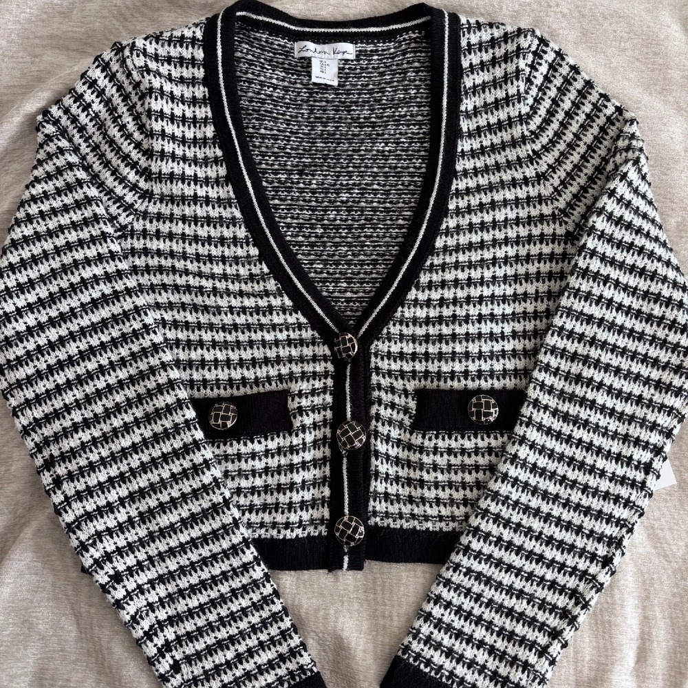 NWT London Kaye Knit Cardigan Sweater Stripe Black White Brass Buttons Sz L